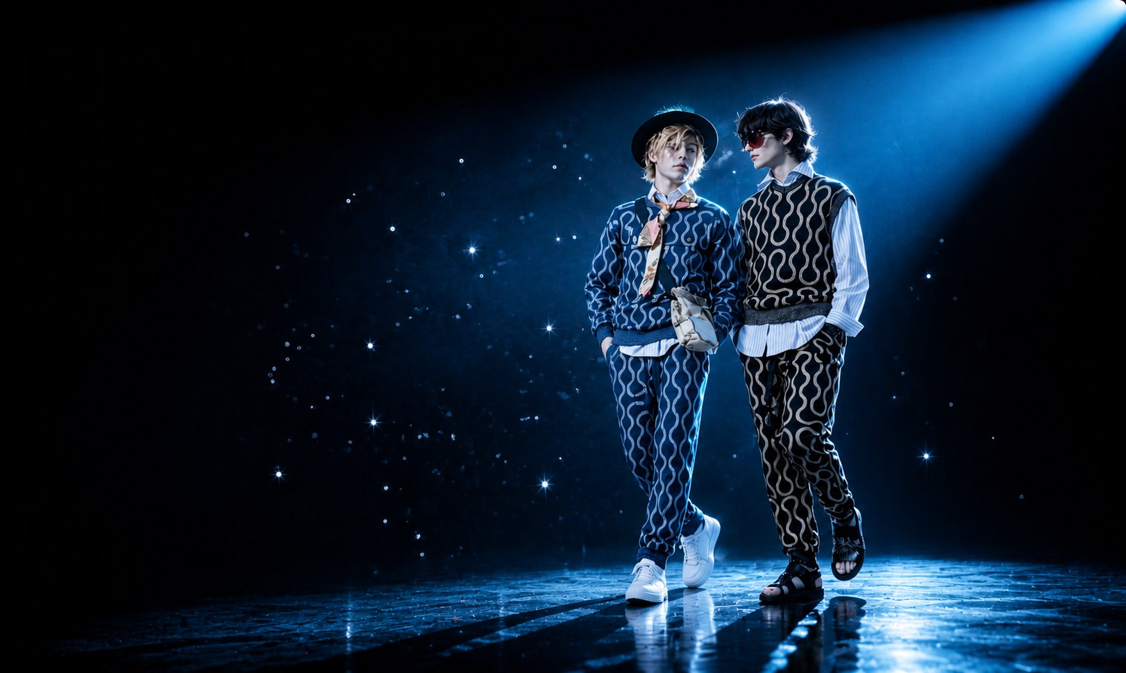 Two models walking a glossy runway under a blue spotlight